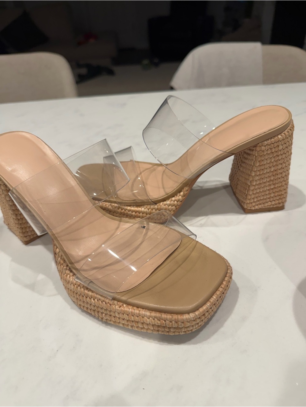 Amazon Clear Strap Raffia Block Heel Mules - Nude/Clear